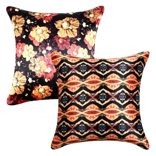Cazimo Decorative Satin Floral Printed Zipper Cushion Cover for Living Room, Sofa Bed & Couch, Size: 16 x 16 Inches, Brown, Set of 2 Pcs