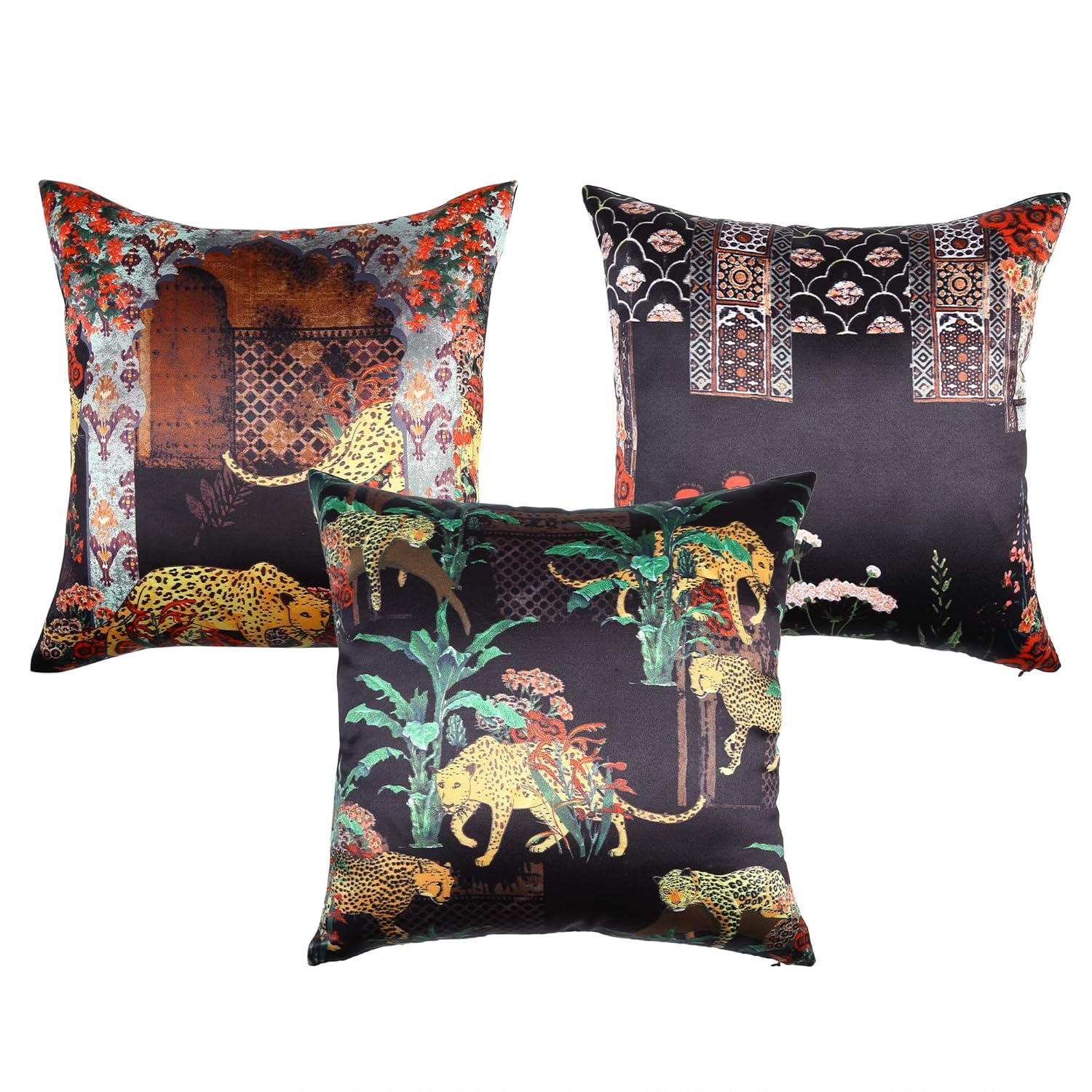 Cazimo Premium Printed Satin Cushion Covers (16 X 16 Inches, Brown) -Set of 3