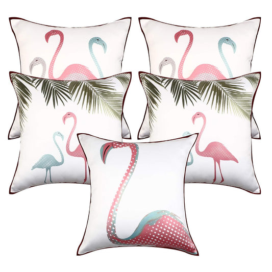 Cazimo Satin Soft Flamigo Birds Printed Cushion Covers | Hypo-Allergenic | Washable | Non-Fade Diwan Sofa Pillow Covers for Home Bed & Living Room, 40x40 Inches, Pink, Set of 5 Pcs