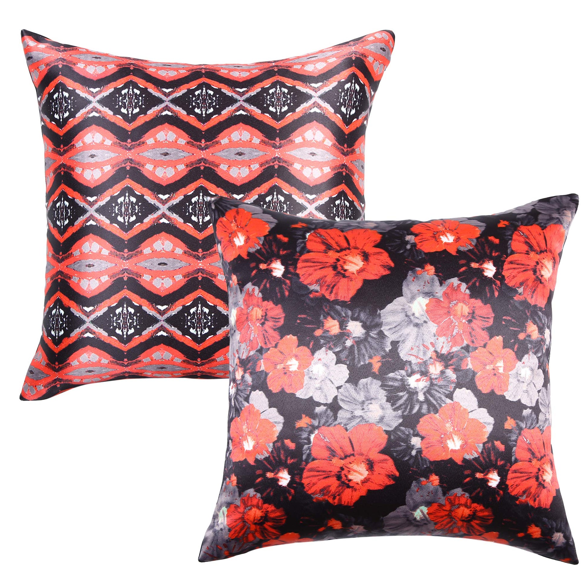 Cazimo Decorative Satin Floral Printed Zipper Cushion Cover for Living Room, Sofa Bed & Couch, Size: 16 x 16 Inches, Brown, Set of 2 Pcs